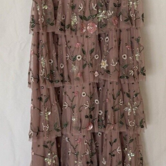 NWT Mac Duggal 9069 Pink Beaded Chiffon Ruffle Tiered Maxi Dress sz 10 reg 698 - Picture 6 of 11